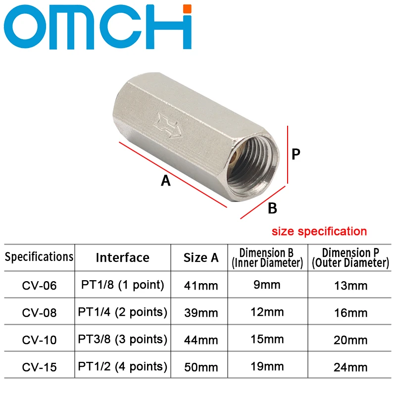 CV Pneumatic Check Valve Control Valve Air Valve 1/8 1/4 3/8 1/2 3/4 BSP Internal Threaded Brass Pneumatic One-Way Check Valve