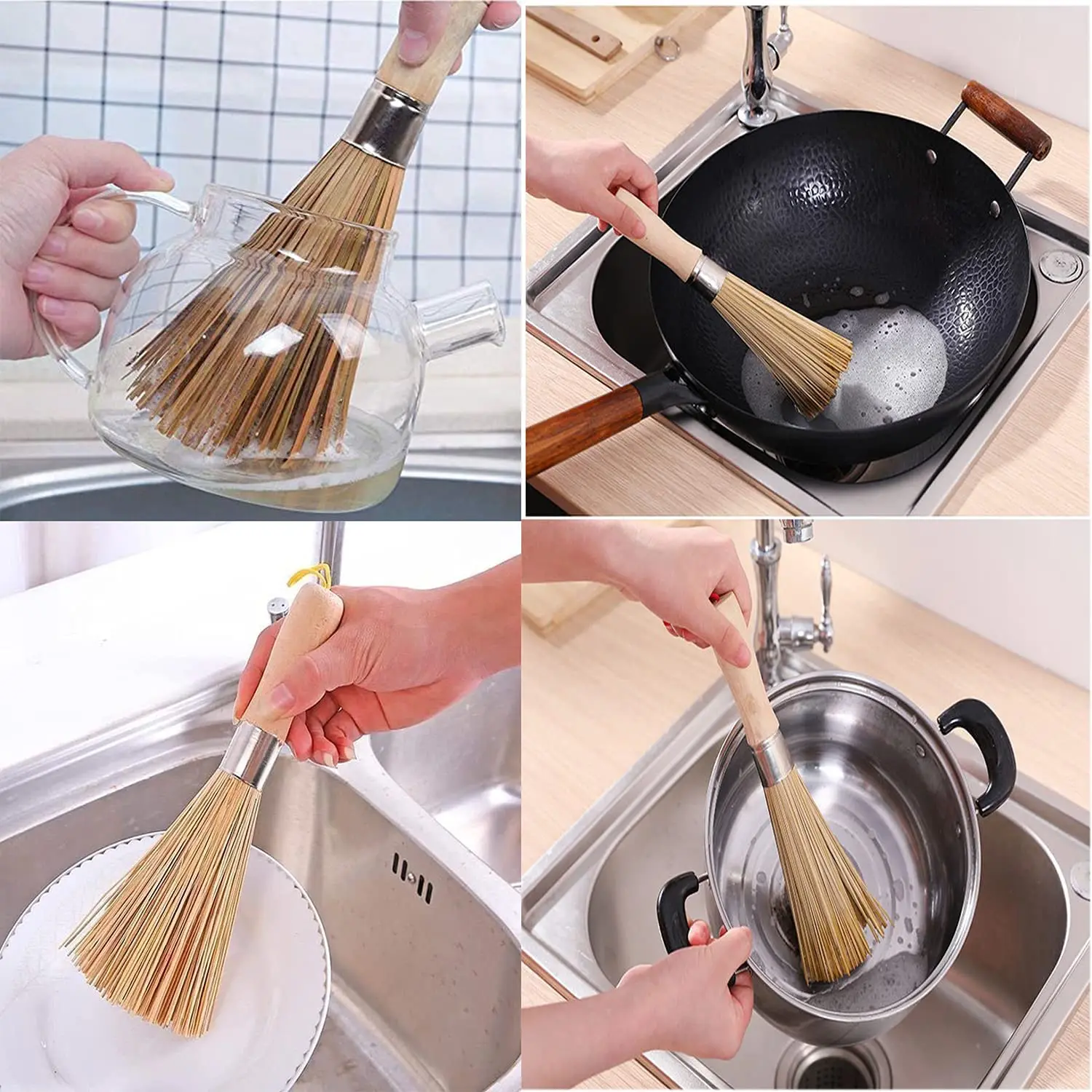 2pcs Traditional Natural Bamboo Wok Brushes , Kitchen Cleaning Brush, Bamboo Kitchen pan Brush, for Cleaning Dishes, Pots,Sink