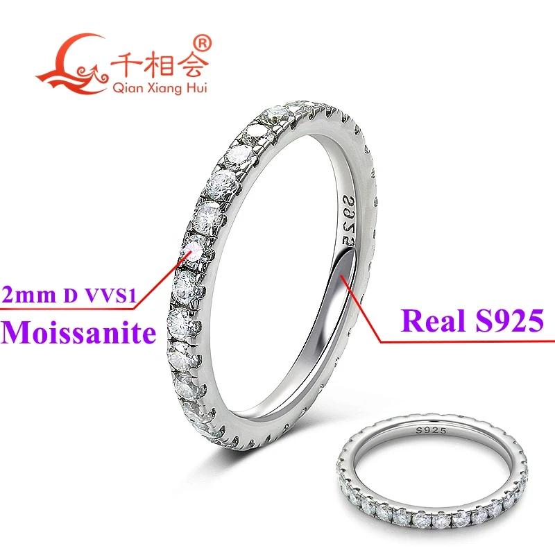 Solide 2 mm Moissanit voller Ewigkeit Ring Band 925 Sterling Silber weiß rund Moissanit Diamant Schmuck Geschenk Dating Party Frauen