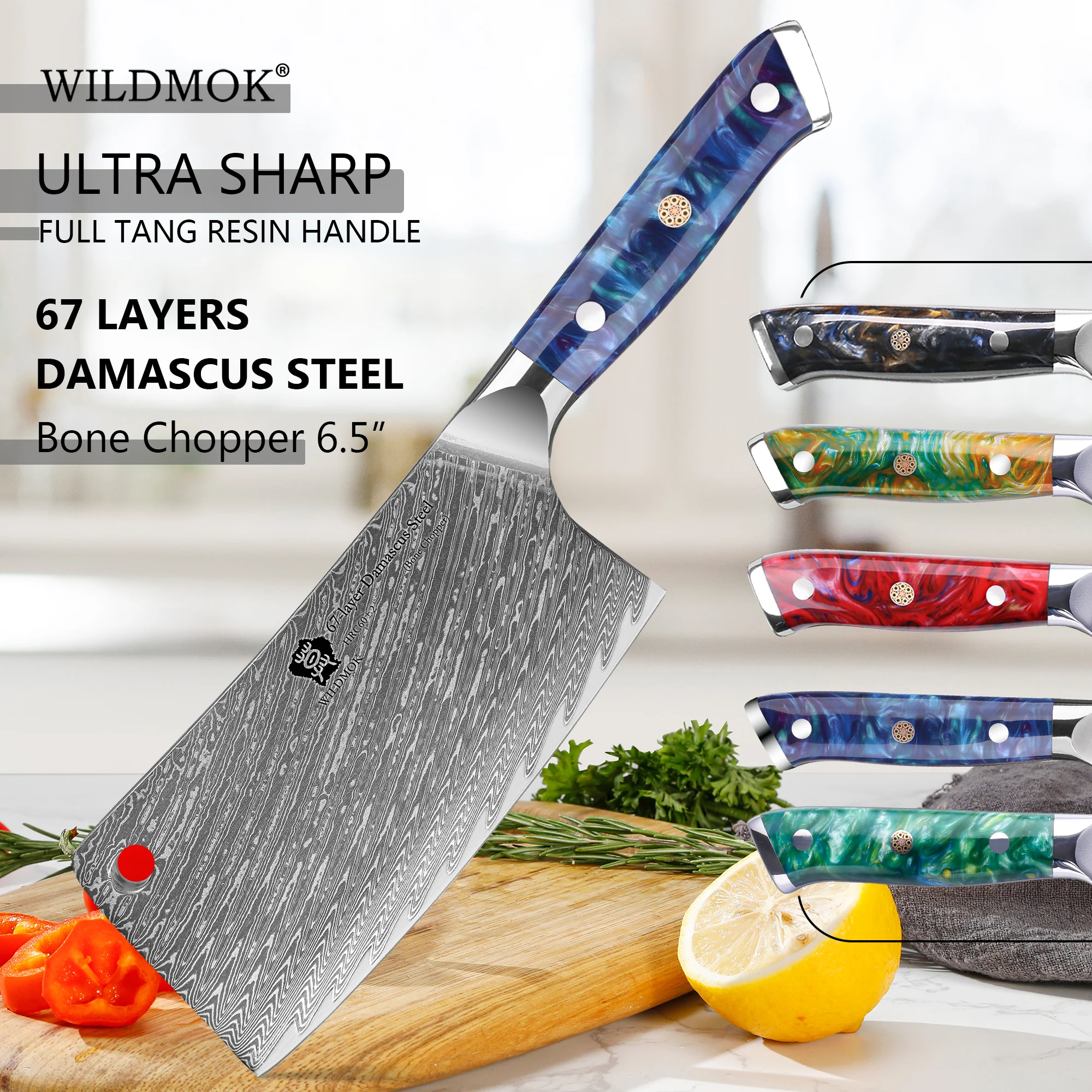 

WILDMOK 67 Layer Damascus VG10 Steel - 6.5" Bone Chopping Butcher Knife, Heavy Duty Butcher Kitchen Knife with Resin Handle