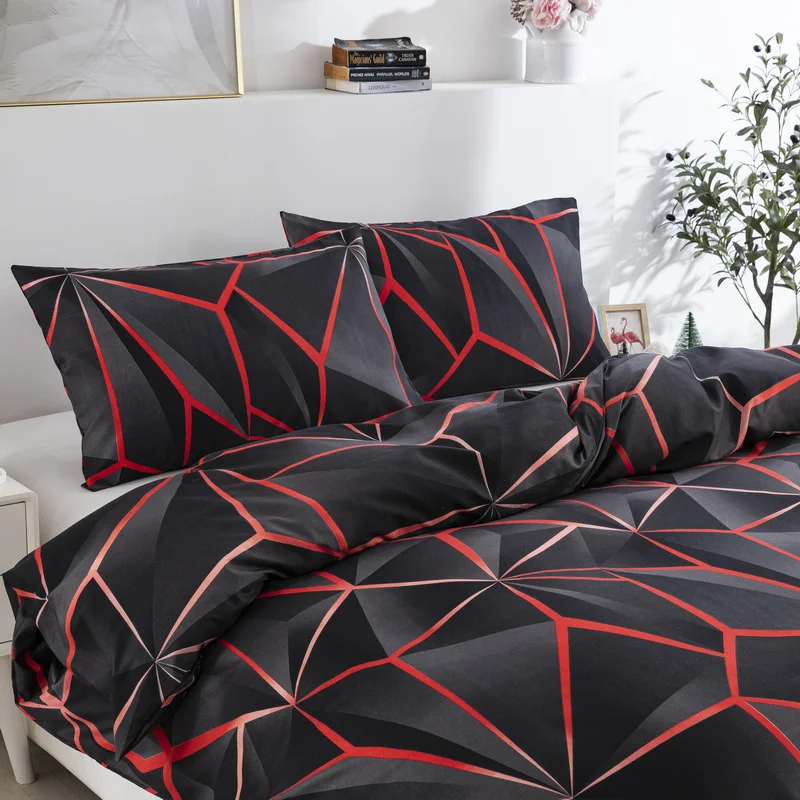 Black Red Geometric Duvet Cover Queen 3D Three Dimensional Geometrical Bedding Set Modern Abstract Neon Line Comforter Cover