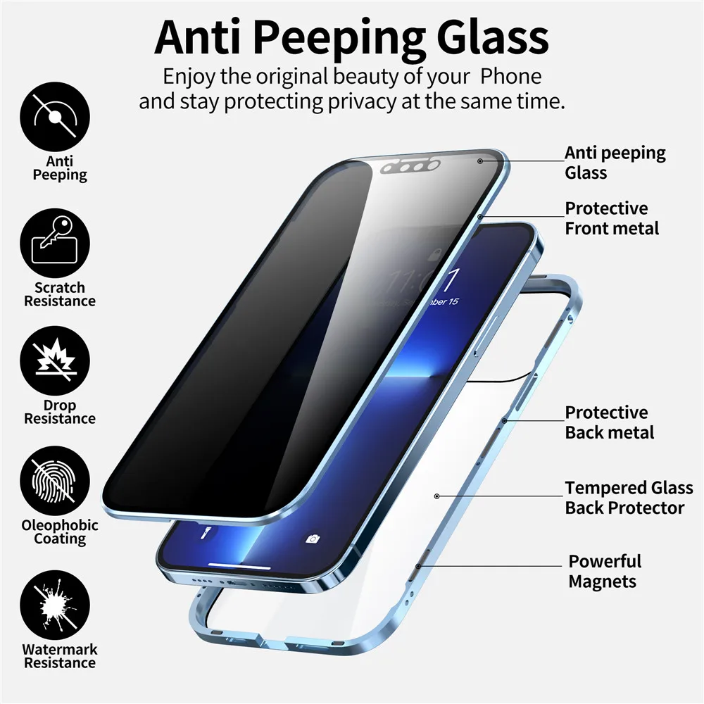 

Magnetic Metal Glass Privacy Phone Case For iPhone 13 Pro Max Case Shockproof Double Side Glass Cover For iPhone 12 13 Mini Case