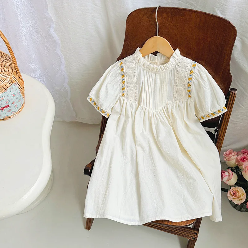 Vestido de princesa de manga corta para niña, vestido bordado plisado de encaje con cuello de pie, estilo francés, Verano