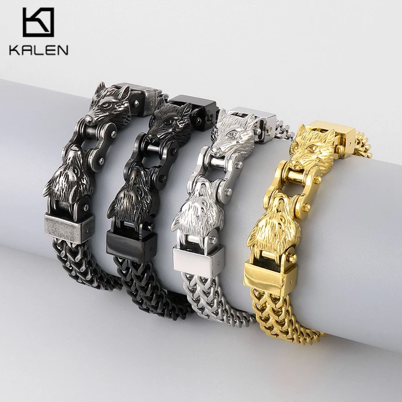Kalen 12MM Double Wolf Head Bracelet for Men 316L Stainless Steel Punk Multicolour Biker Net Chain Heavy Party Jewelry Gifts