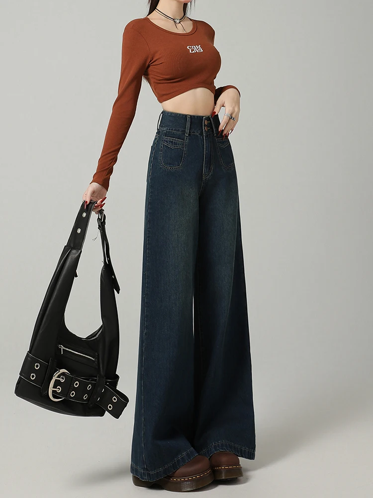 plus Size Fce Lined Thi Wide Leg Denim Jeans Women's Autumn New Loose Drapey Lazy Loose Feeling Floor Length Pants