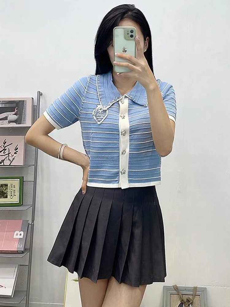 

Корейский вязаный кардиган в полоску ort Sve Simple Ele All-Match Commute Wind Regular Fit Топ на пуговицах