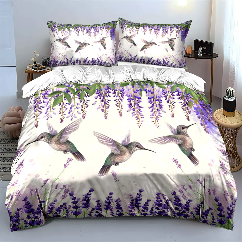 Hummingbirds Flying with Purple Flowers Bedding Set for Kids Luxury Gift 3pcs Digital Print Comforter Set Soft Comfortable