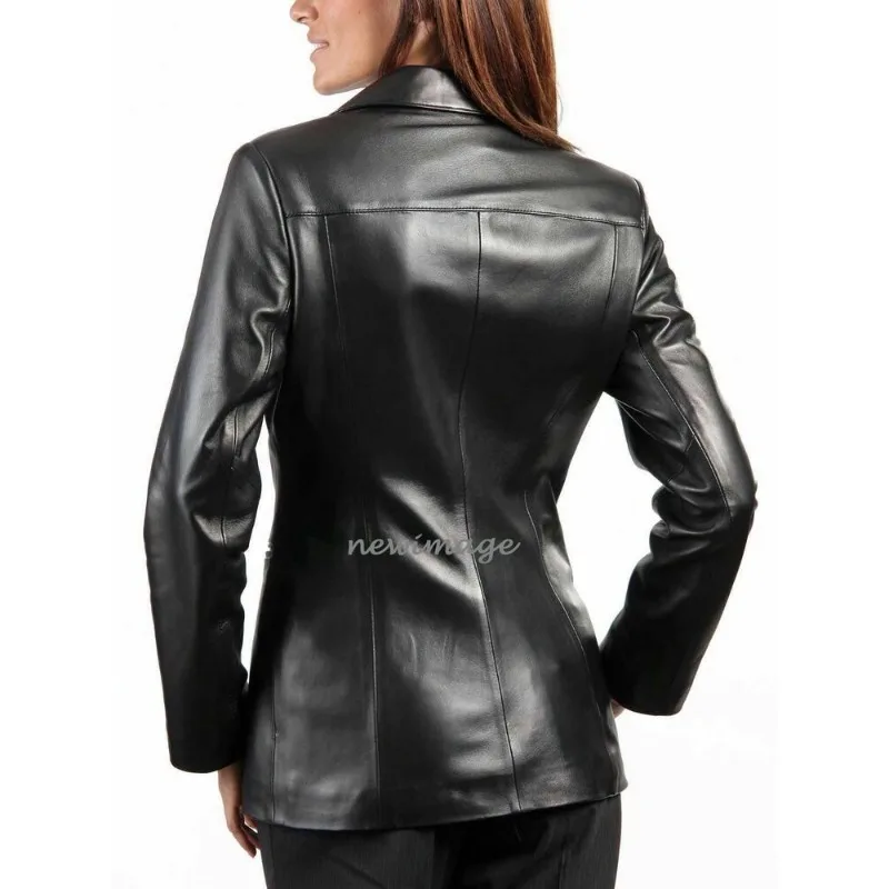 Women's Real Black Lamb Skin Three Button Leather Blazer Formal Wear Coat