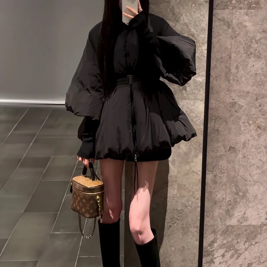 

Женское пальто, черное, с рукавами-фонариками, с завышенной талией, модное и теплое хлопковое пальто премиум-класса