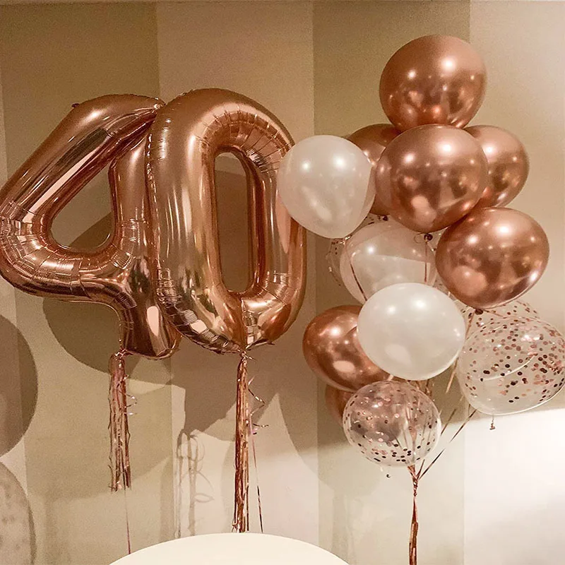 Globos de aluminio con números para mujer adulta, suministros para fiesta de cumpleaños, 18 piezas, oro rosa, 40 años