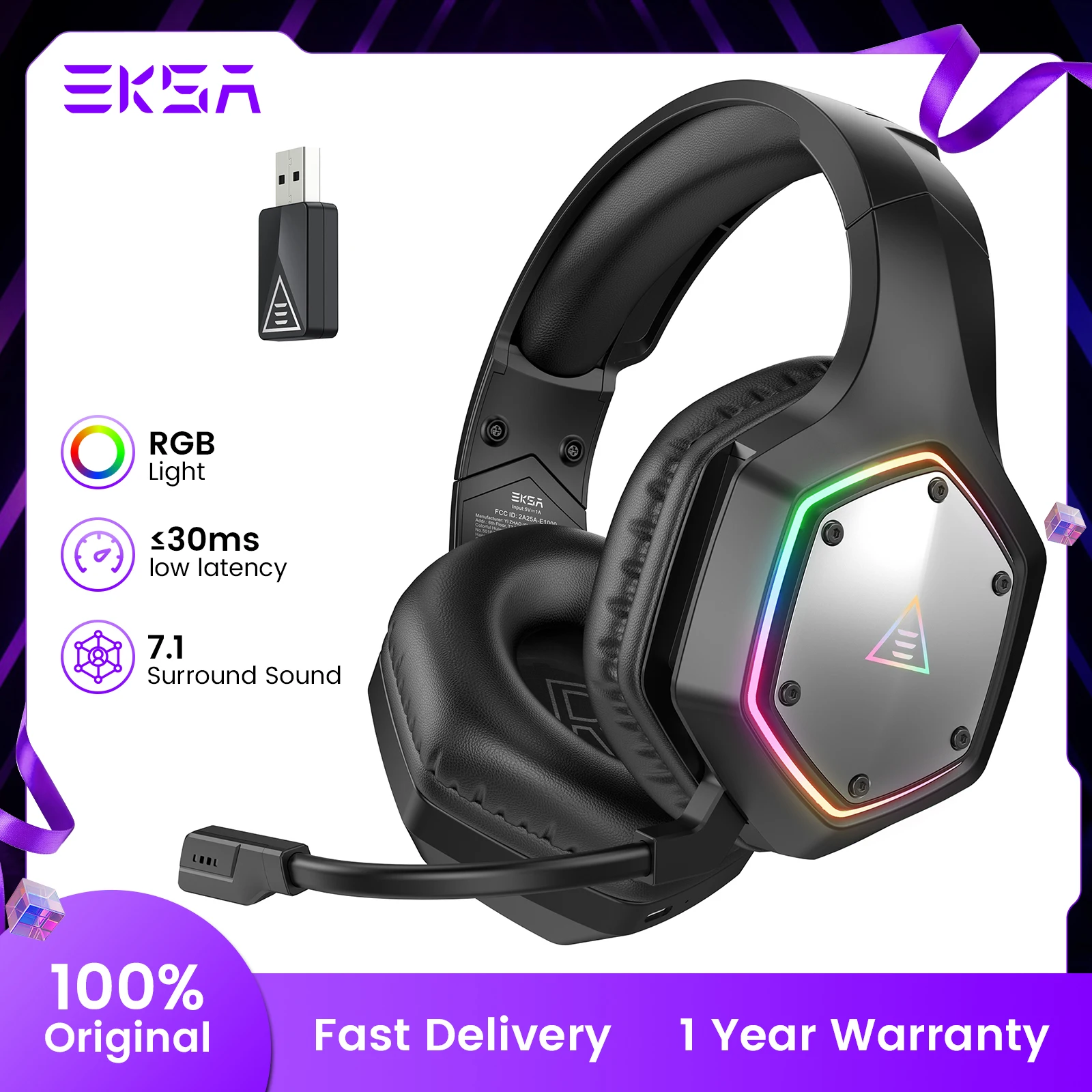 EKSA E1000 RGB Gaming Wireless Headphone with Mic Over-Ear Headphones 7.1 Surround Sound Wired Headset For PC PS4/PS5