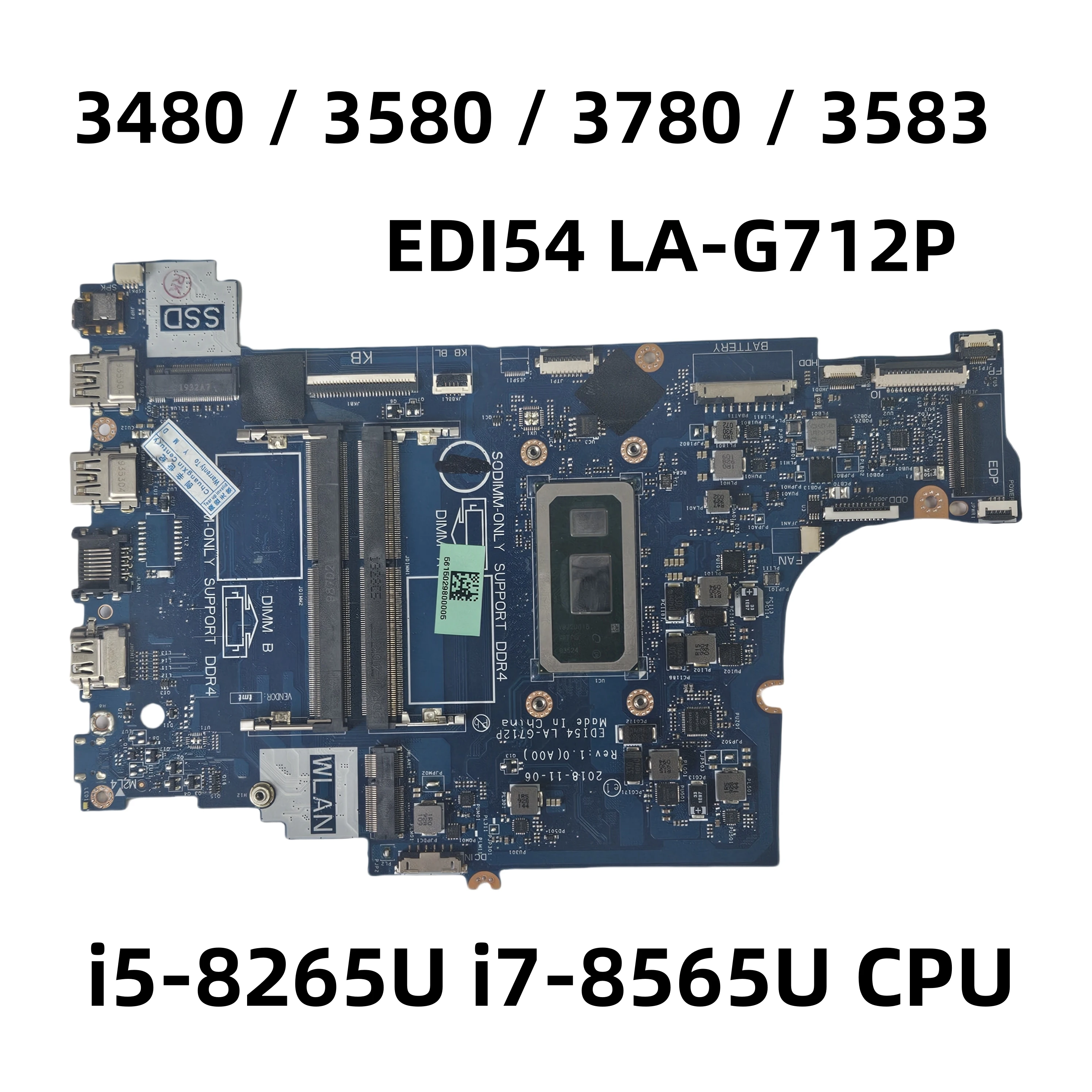 

EDI54 LA-G712P For Dell 14 3480 15 3580 3780 3583 Laptop Motherboard With i3-8145U i5-8265U i7-8565U CPU UMA DDR4 0VFMW4