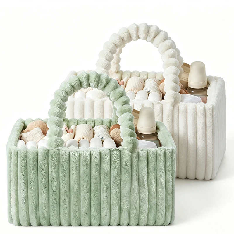 Plush Solid Color Simple Handbag Outdoor Portable Large Capacity Diaper Storage Bag Travel Lightweight Baby Item Organizer