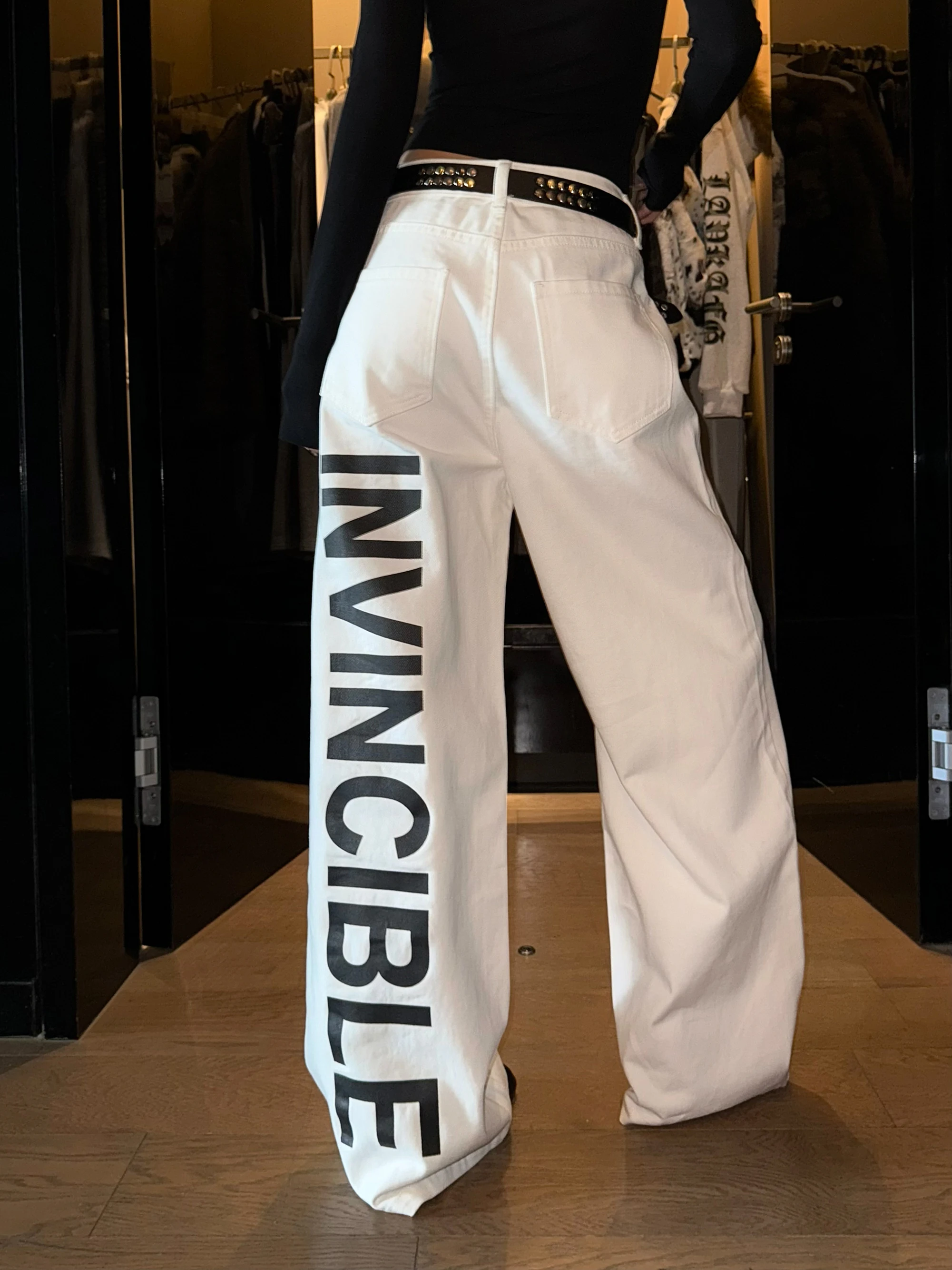 

Wild Zero White Wide Leg Denim Jeans Women's Loose Design Sensation Small ence Letter Print mid Waist Pants