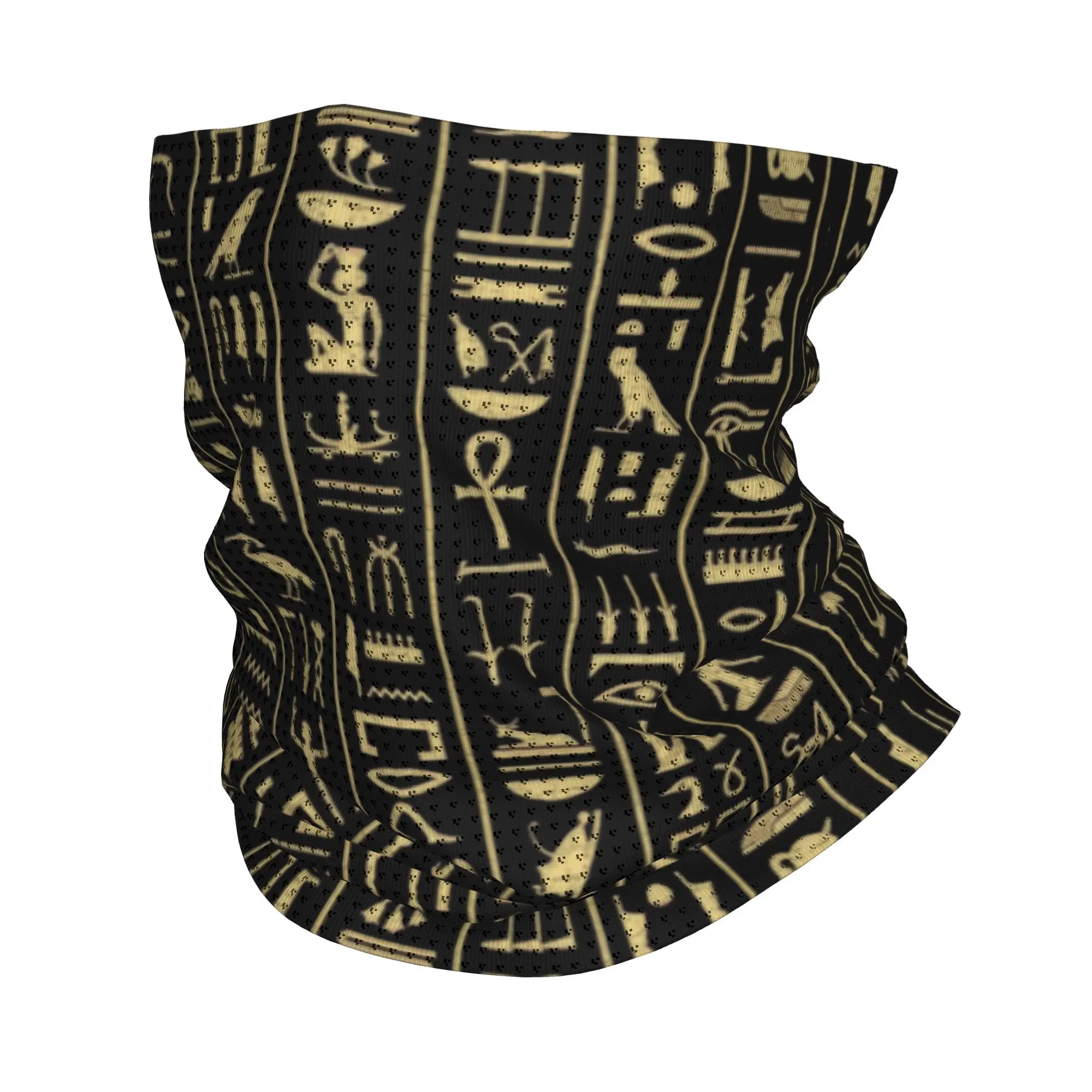 

Custom Gold Hieroglyphics Neck Gaiter Men Women UV Face Shield Winter Egypt Art Bandana Scarf for Hiking