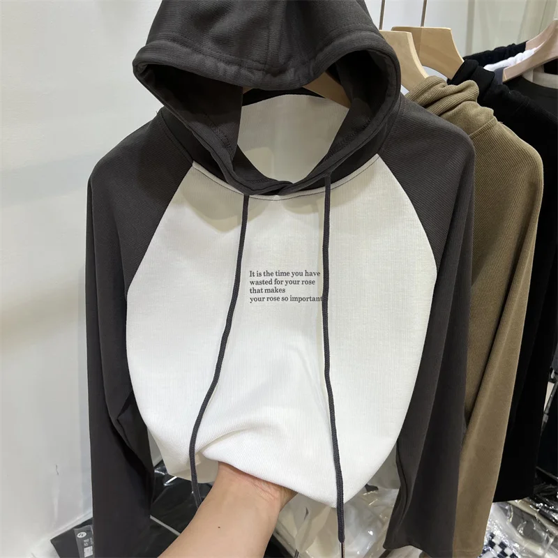 2023 Spring Autumn Thin All-Matched Hooded Hoodies Korean Style Raglan Sleeve Letter Printing Drawstring Loose Pullovers