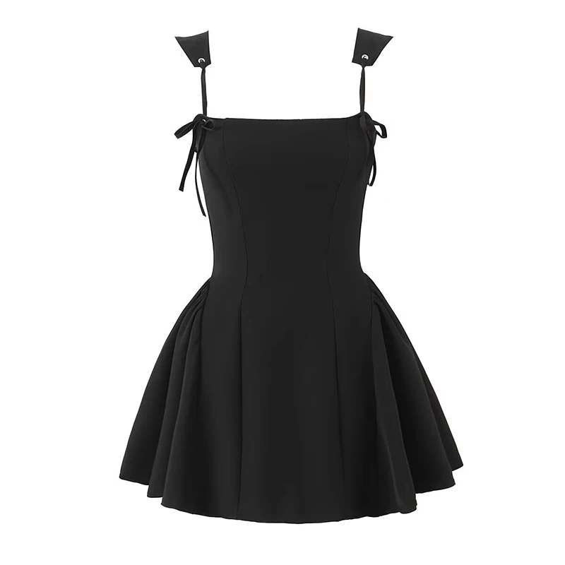 YENKYE New Women Sexy Spaghetti Straps Black Mini Ball Gown Dress Low Waist Lacing Up Back Party Skater Dresses Summer Robe