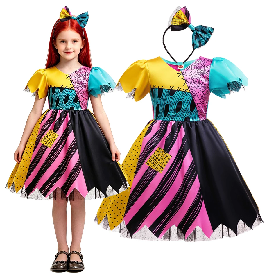 Girls Terro Cosplay Dress Patchwork Print Puff Short Sleeve Irregular Hem Dress with Bow Headband Kids Halloween Carnival Outfit