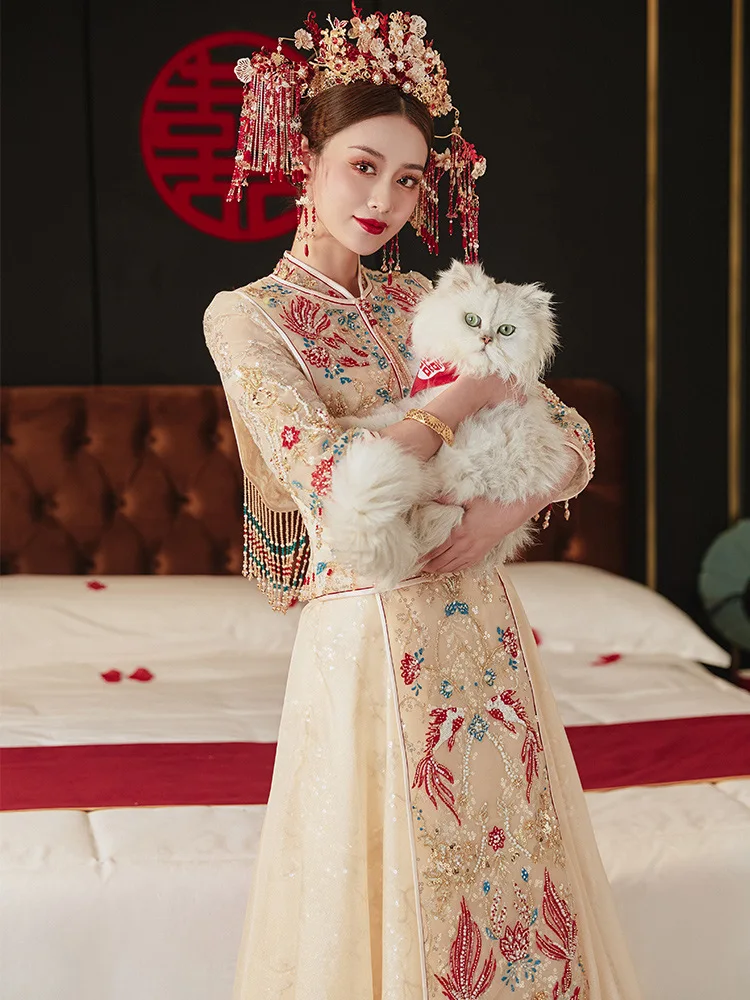 Retro Chinese Style Satin Sequins Beading Wedding Dress Traditional Cheongsam Bride Vintage Formal Qipao костюм для восточных