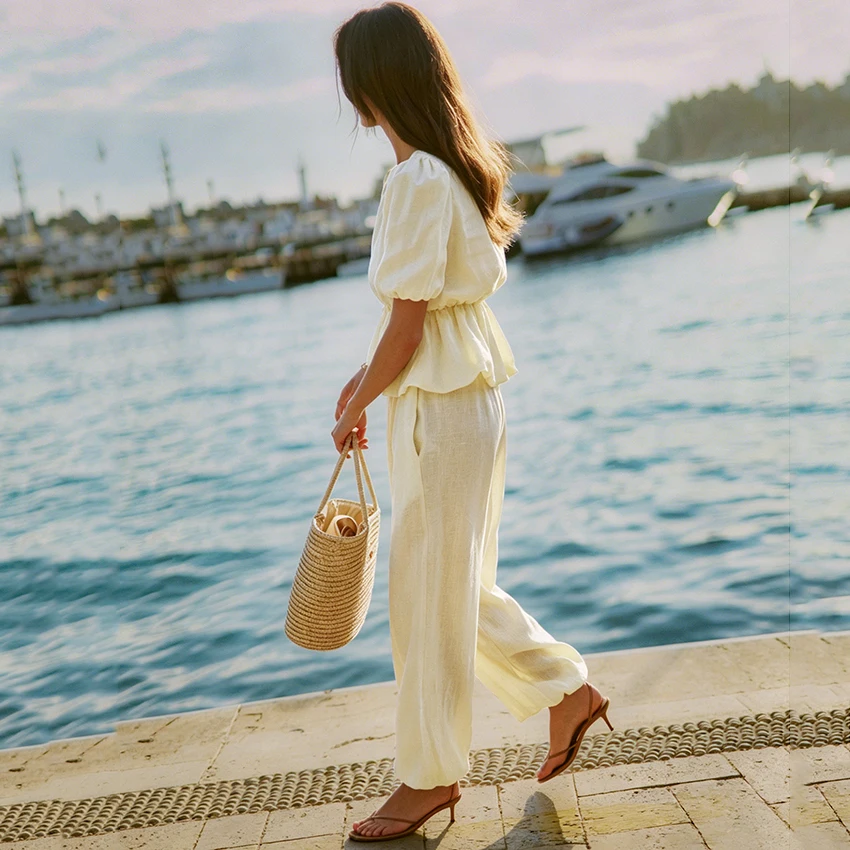 Linad Summer Casual Pink Cotton Trousers Suit 2026 Elegant High Waist Long Pants With Ruffles V Neck Blouse 2 Piece Sets Women