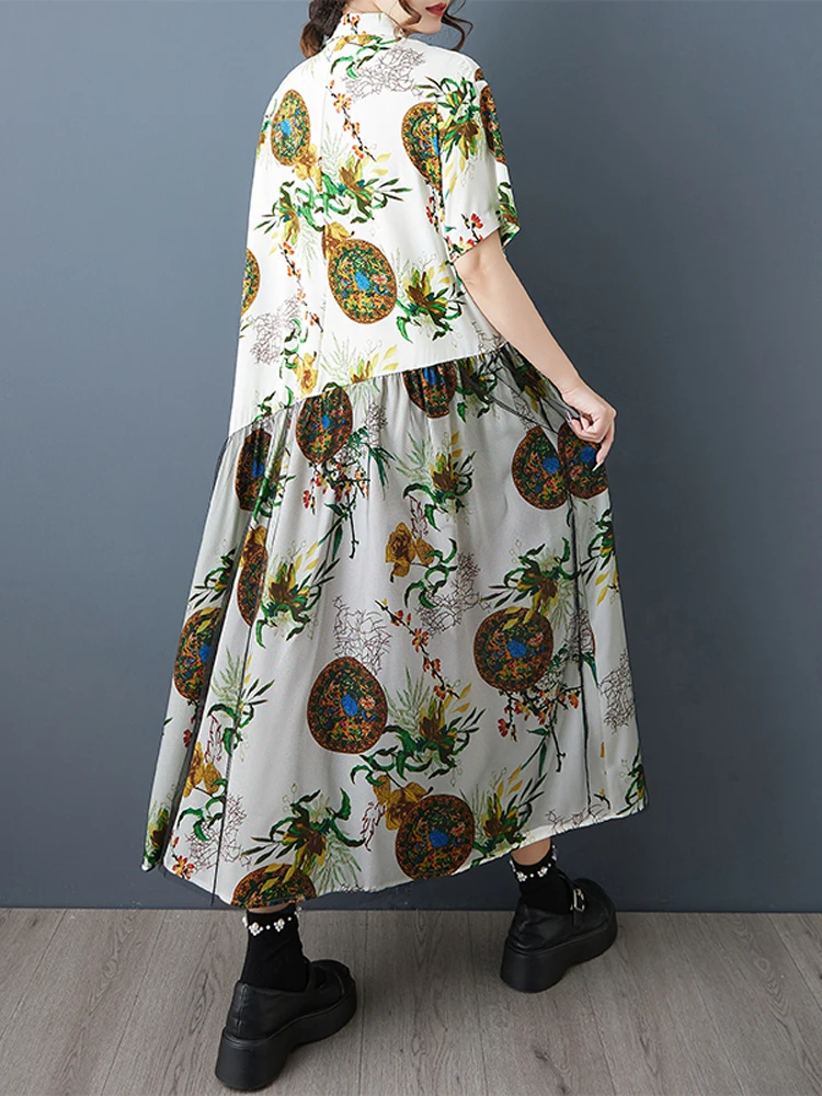 NYFS 2025 Letnia luźna sukienka damska plus size Sukienka z siateczki Sukienka z krótkim rękawem Długa sukienka z nadrukiem Odzież damska