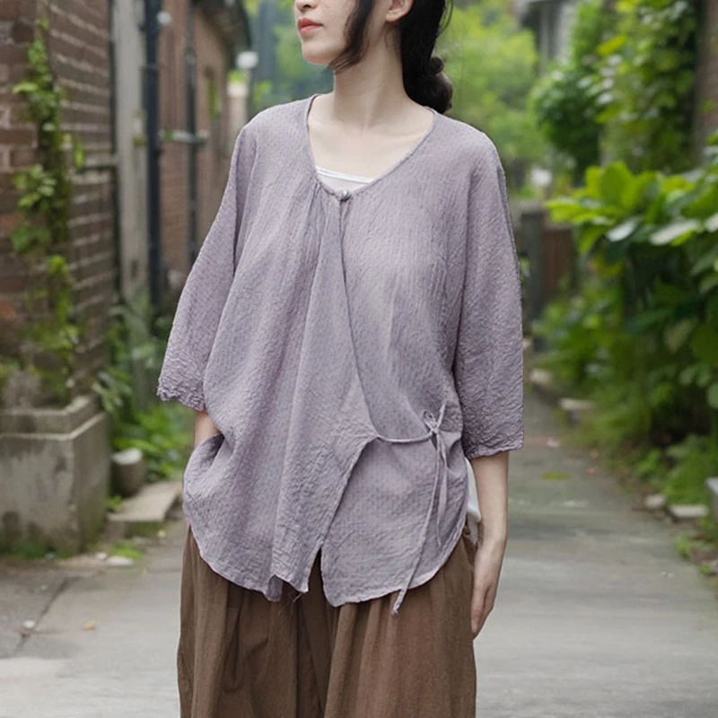 

Women Casual Blouse Shirt New Arrival 2025 Summer Vintage Style O-neck Solid Color Loose Comfortable Female Tops Shirts M1500
