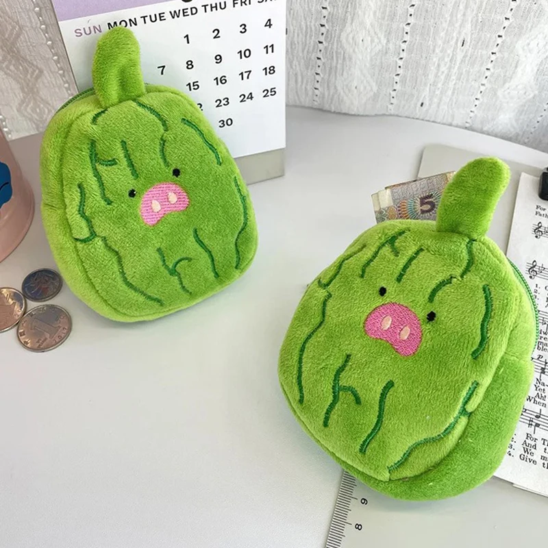 Cartera de felpa bonita de 10cm con dibujos de melón amargo, monedero de felpa para niños, auriculares para niñas, bolsa de almacenamiento de lápiz labial, regalo para niños