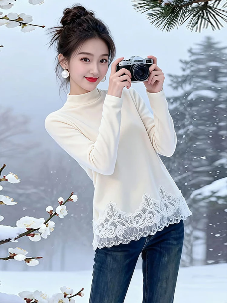 

Женская осенне-зимняя белая длинная футболка с кружевным базовым слоем irt, немецкие бархатные теплые брюки в ковческу, одинаковый топ, свободный крой