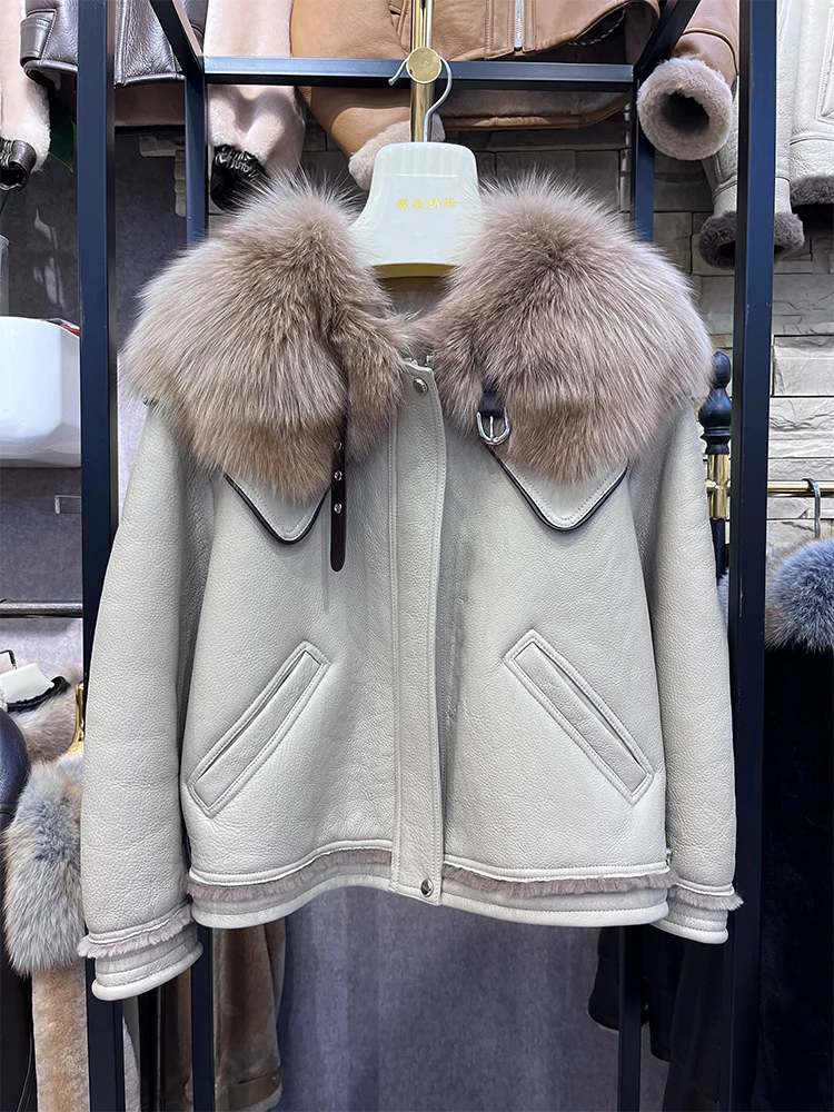 2023 New Fashion Winter Women vera pelliccia di volpe naturale Coollar Merino Sheep Fur Coat giacca di pelliccia Double face in vera pelle