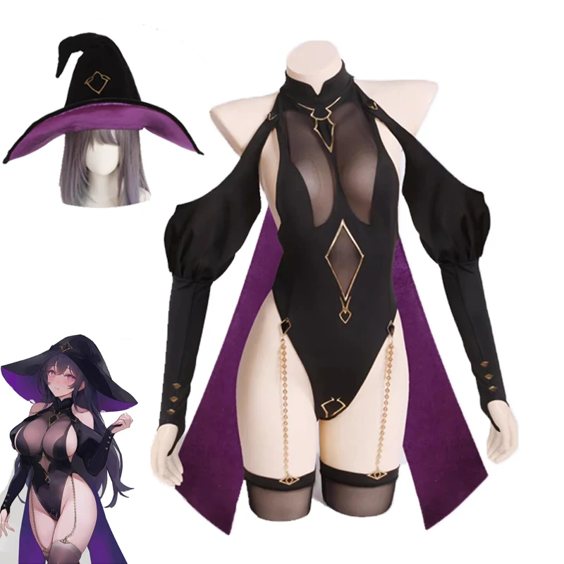 

New Sexy Witch Cosplay Costumes For Adult Women See Through Sexy Bodysuit Cloak Hat Socks Suit Halloween Carnival Party Clothes