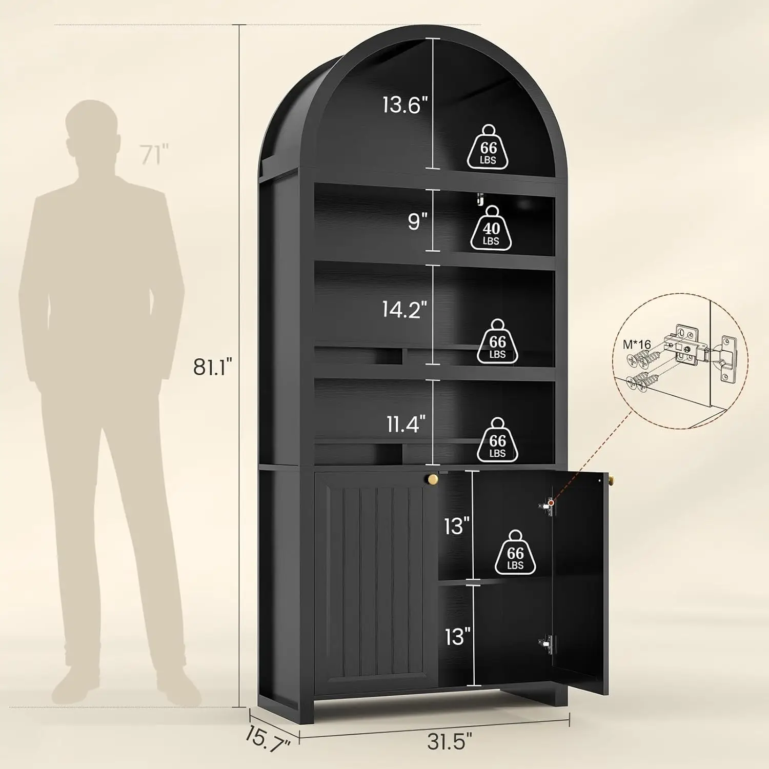 خزانة كتب مقوسة بطول 81 بوصة، خزانة حديثة من 6 طبقات من منتصف القرن مع أبواب، أرفف قابلة للتعديل، أسود #2