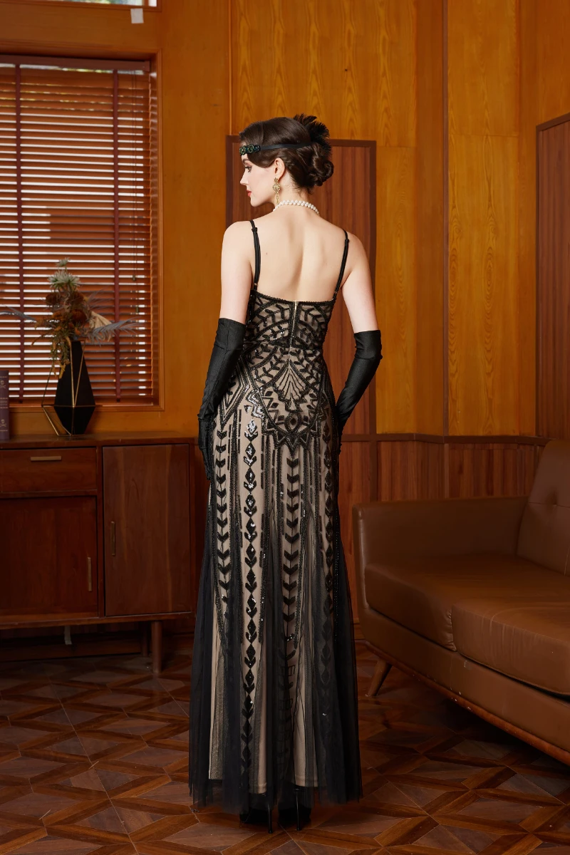 Vintage Gatsby Sequin Spaghetti Strap Maxi Dress - Black Embroidered Evening Party Formal Gown