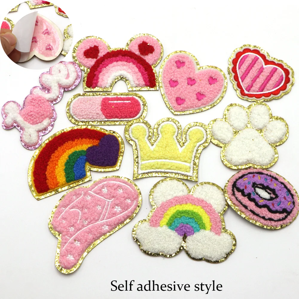 1PC Rainbow Unicon Self-adhesive Patch For Clothing Chenille Embroidered Patch DIY Applique Patches With Gold Edge Repair Patch