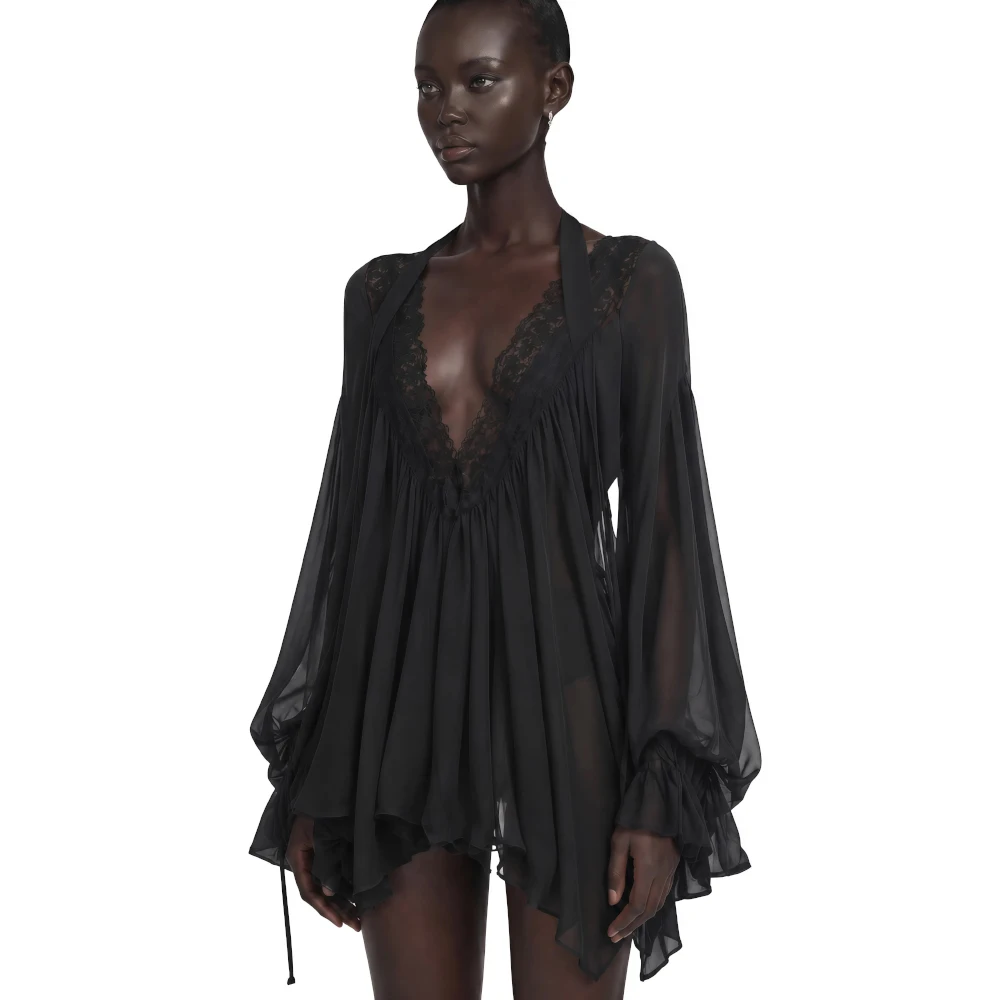 Sexy V-Neck Evening Dress Graceful Long Sleeves Lace Customized Celebrity Gowns  See Through Black Chiffon Party Dresses