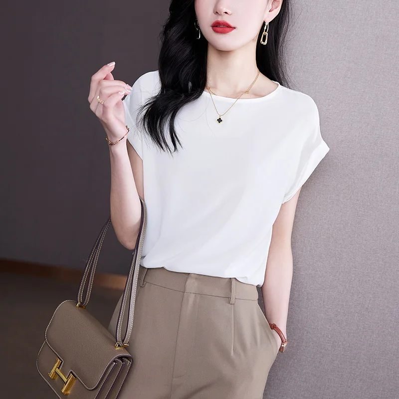 2024 Summer Women Fashion Simple Elegant Blouse Office Lady Casual Short Sleeve Shirt Solid O Neck Loose Tops Blusas Para Mujer