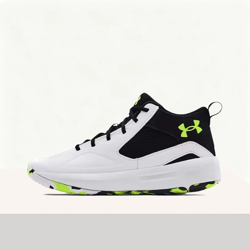 Under Armour Lockdown 5 Black White Green Cool Versatile Breathable Mid-Top Retro Lace-Up Basketball Men Shoe 3023949-102