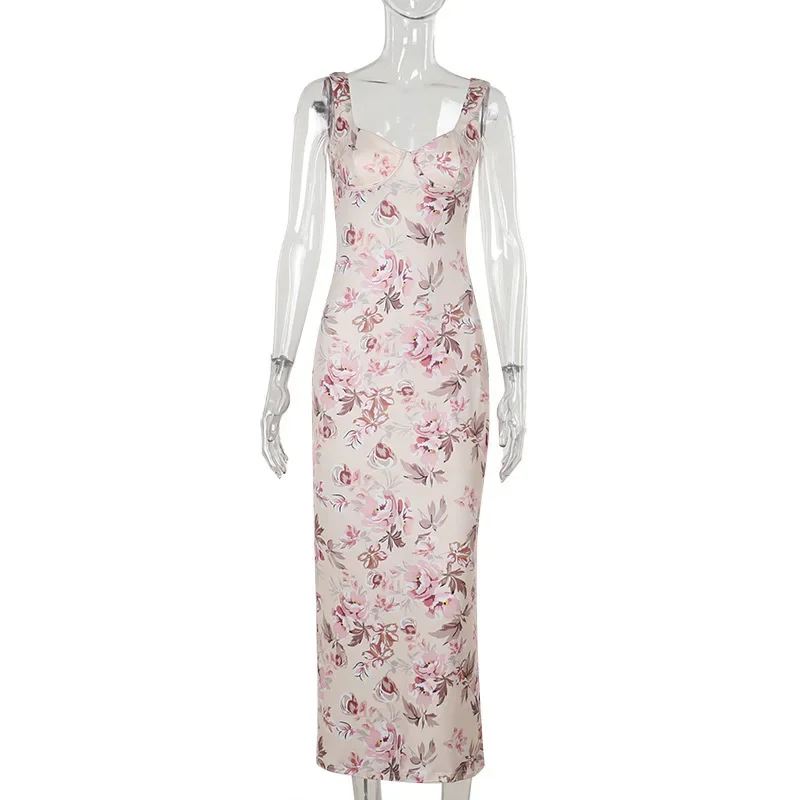 พิมพ์ลึกVแยกชุดเซ็กซี่ผู้หญิงที่ไม่มีสายหนังElegant MidiชุดยาวBackless Bodyconฤดูร้อนชุดVestidos