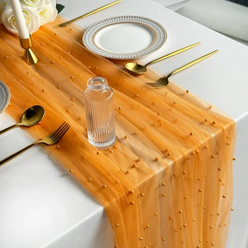 Pearl Table Runner 29x120Inch Wedding Red Christmas Green Halloween Black Orange Tablecloth Party Tulle Dessert Table Decor 4