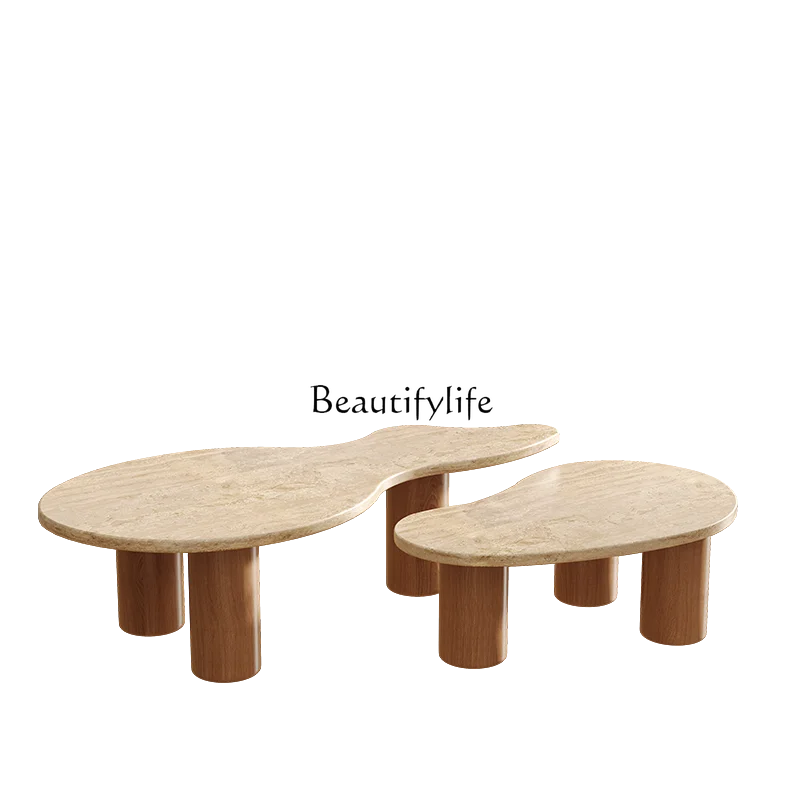 

Medieval wabi-sandy wind solid wood natural travertine coffee table combination living room home