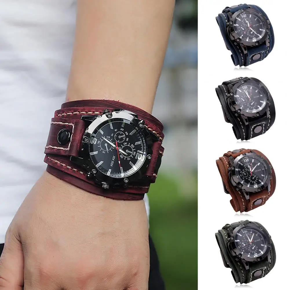 Casual Watch Round Dial Precise Retro Adjustable Cool Birthday Gift Universal Handmade Sewing Faux Leather Strap Quartz Watch