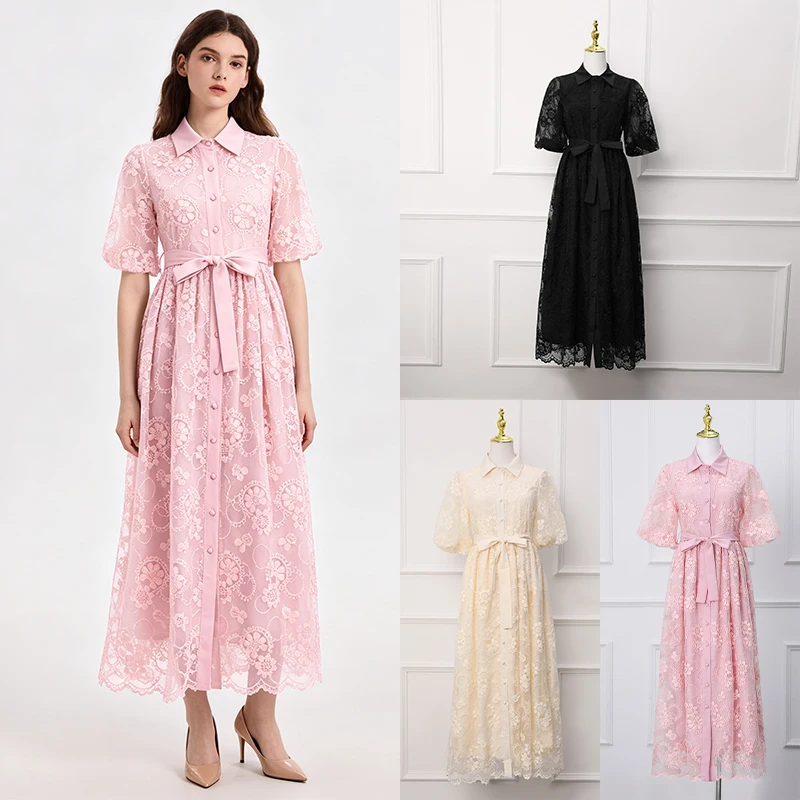 Vintage Lace Shirt Dress Short Sleeve Ruffle Hem High Waist A-Line Maxi Skirt Retro Lady Clothing For Special Occasions Banquet
