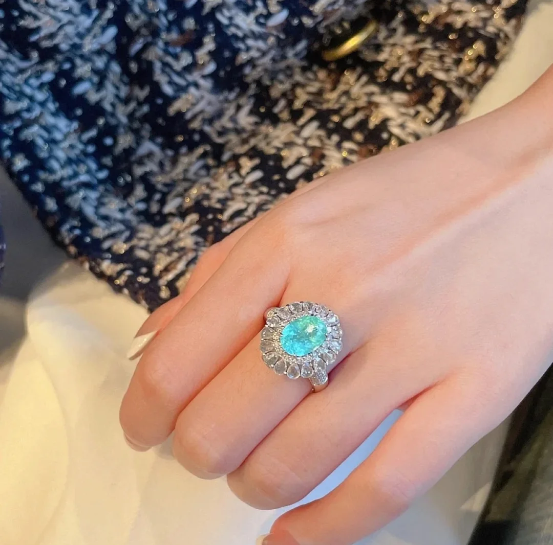 Luxurious Paraiba Hollow Flower Water Drop Pear-Shaped Oval Sapphire Full Diamond Couple Ring For Women Wedding Gift Jewelry