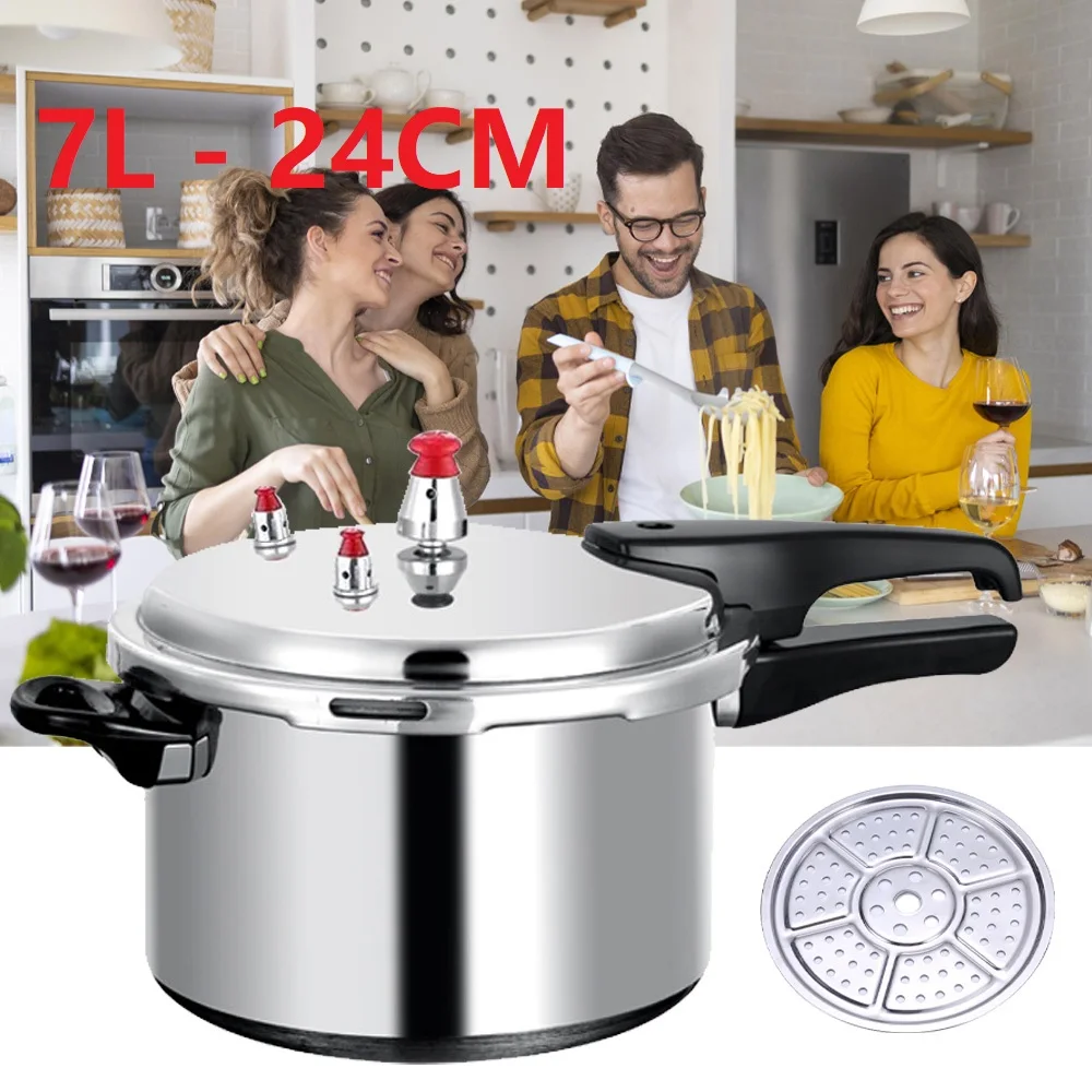 Olla a presión universal de 24 cm/7 L con inserto para vapor, olla de aluminio para gas e inducción, cocina 70 % más rápida y de doble capa, mango ergonómico antiescaldaduras, incluye válvula de
