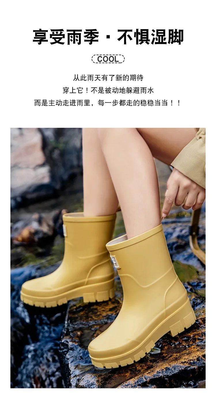 2026 Modische koreanische Damen-Regenstiefel (Wadenhöhe) mit dicker Sohle, verschleißfest, rutschfest, wasserdicht, für die Autowäsche geeignet – Detail 4