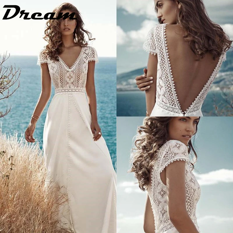 DREAM Boho Chiffon Backless Wedding Dress For Women 2023 V-Neck A-Line Cap Sleeve Beach Bride Gown Floor Length Bohemian