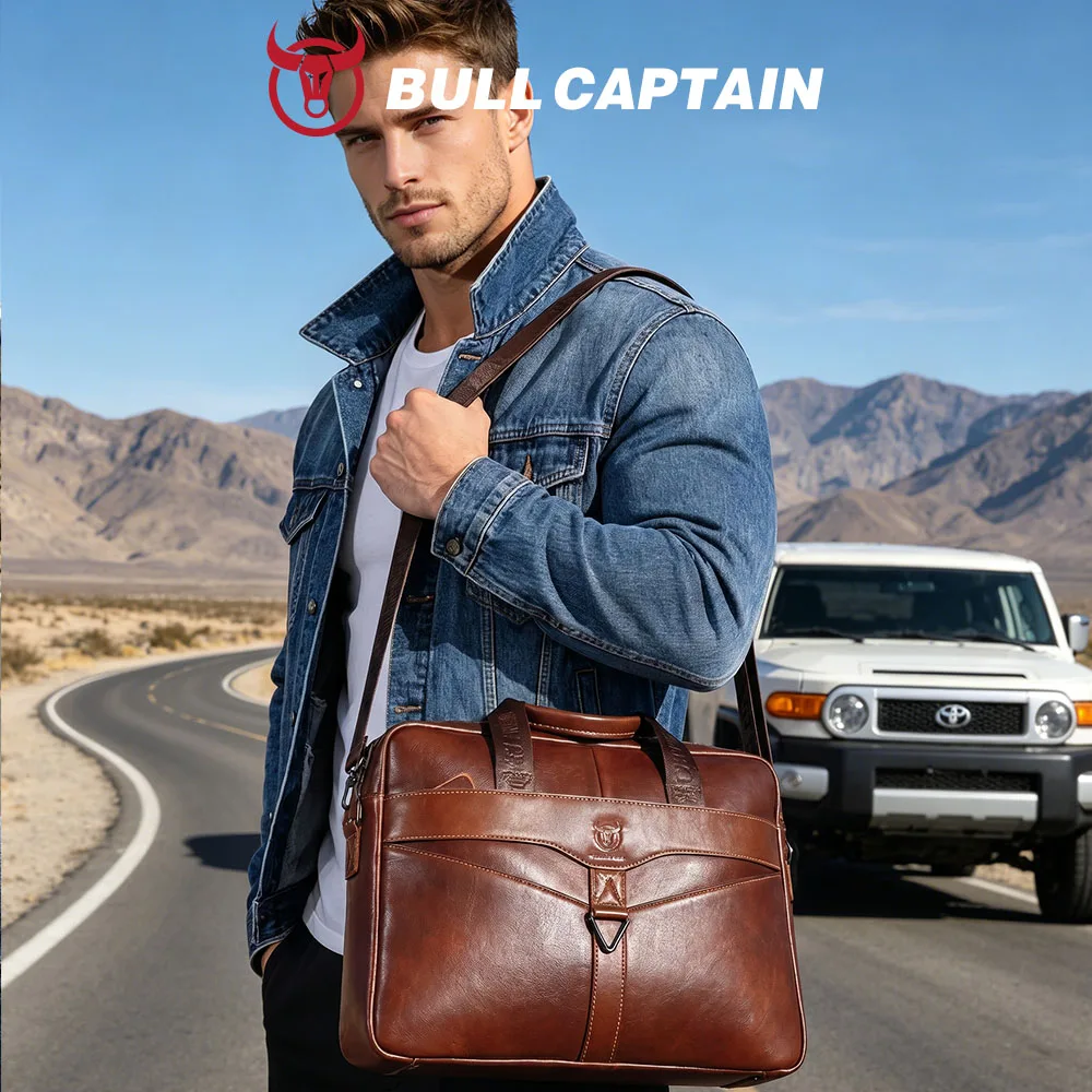 BULLCAPTAIN Men's Genuine Leather Briefcase Shoulder Bag 15 Inch Laptop Case Men's Briefcase Classic Office Business Handbag