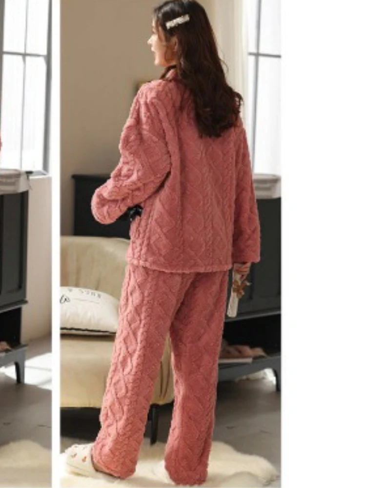 Coral Velvet Pajamas Women Winter Cardigan Pure Color Thickened Warm Plump Girls Plus Size Suit Plush Animal Year Home Wear