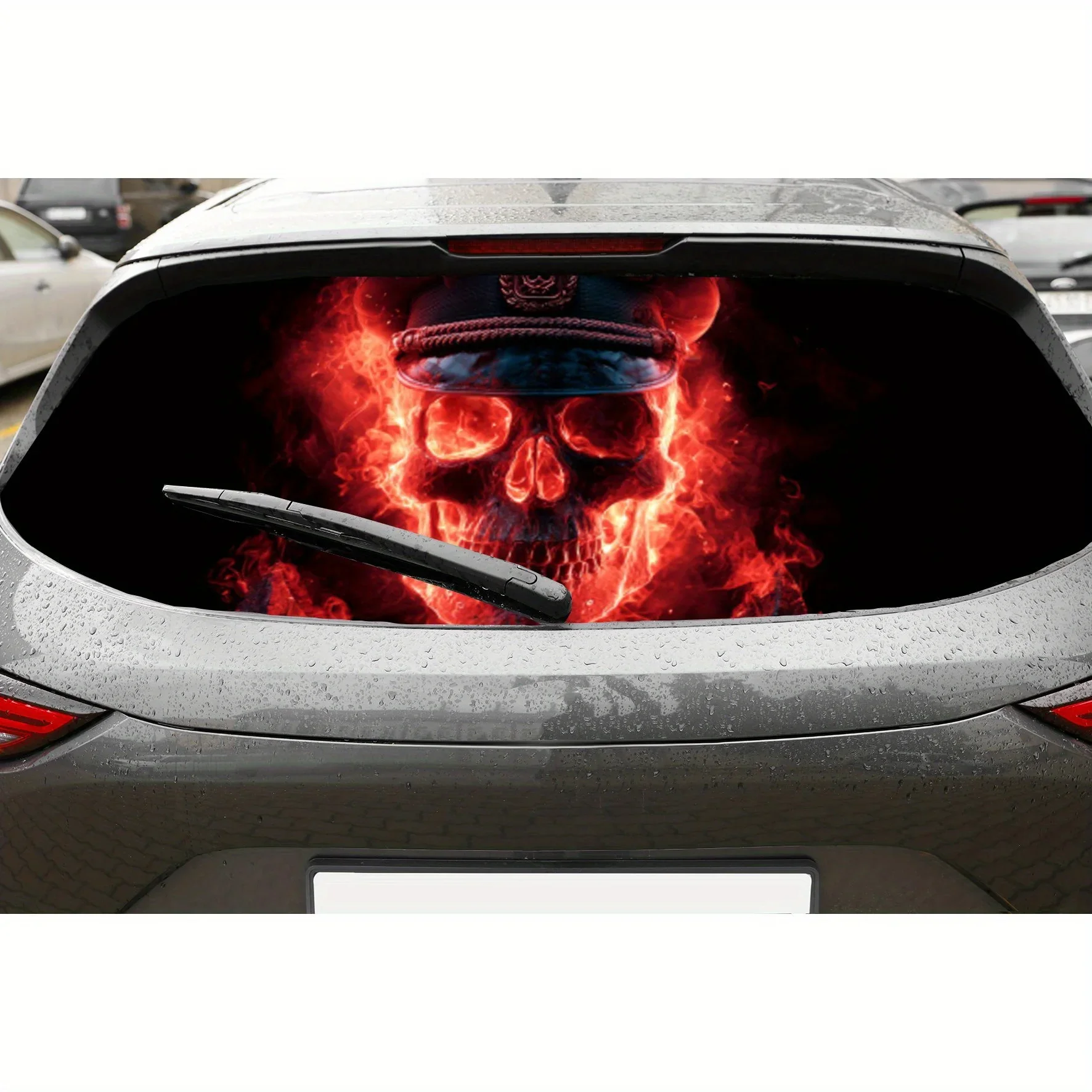 War - fire Skull Print PVC Perforated Car Vinyl Wraps, Durable Car Rear Windshield Sticker, Waterproof Car Rear Window Decal, Pr