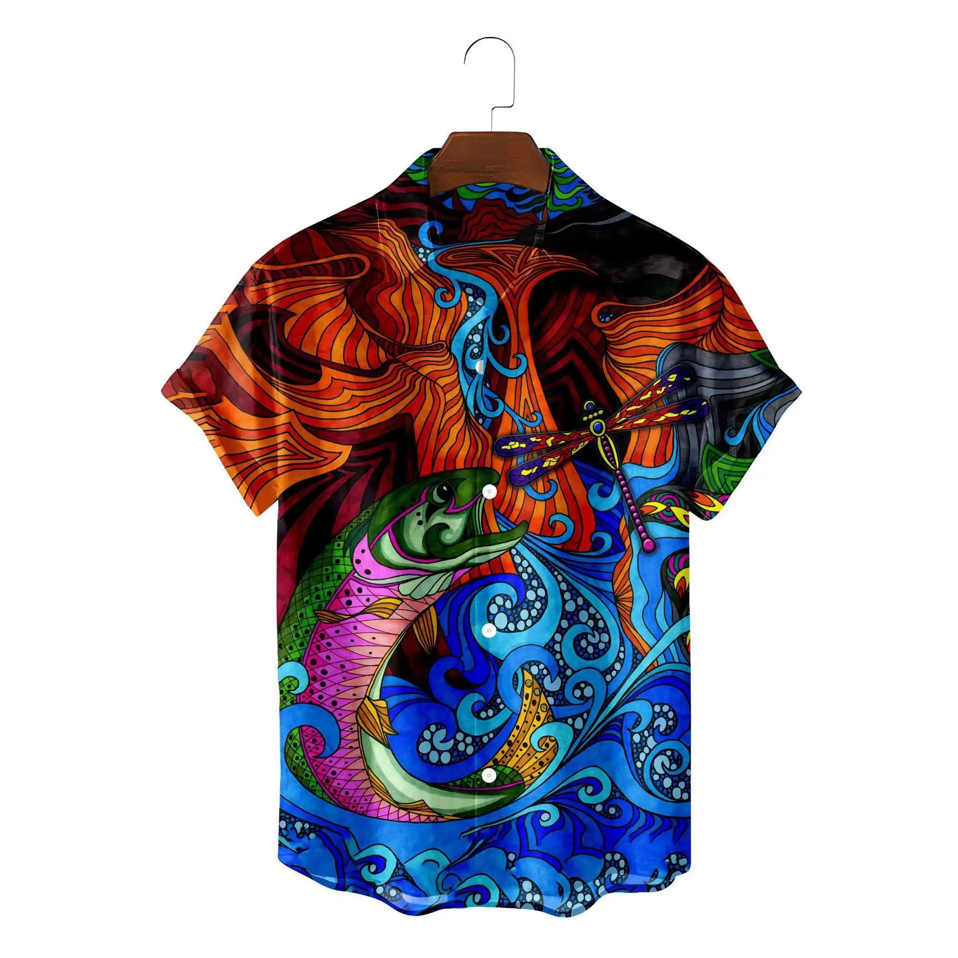 Men's shirt summer ukiyo-e marine life 3D printing Hawaii beach short sleeved shirt men's shirt tiki men's shirt men's shirt