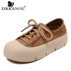 DRKANOL Handmade Retro Women Flat Platform Shoes Spring Lace-Up Round Toe Genuine Leather Chunky Platform Casual Sneakers Women